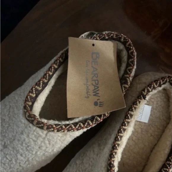 BearPaw Cream Sherpa Slip-On House Shoes with Brown Trim - Picture 2 of 4